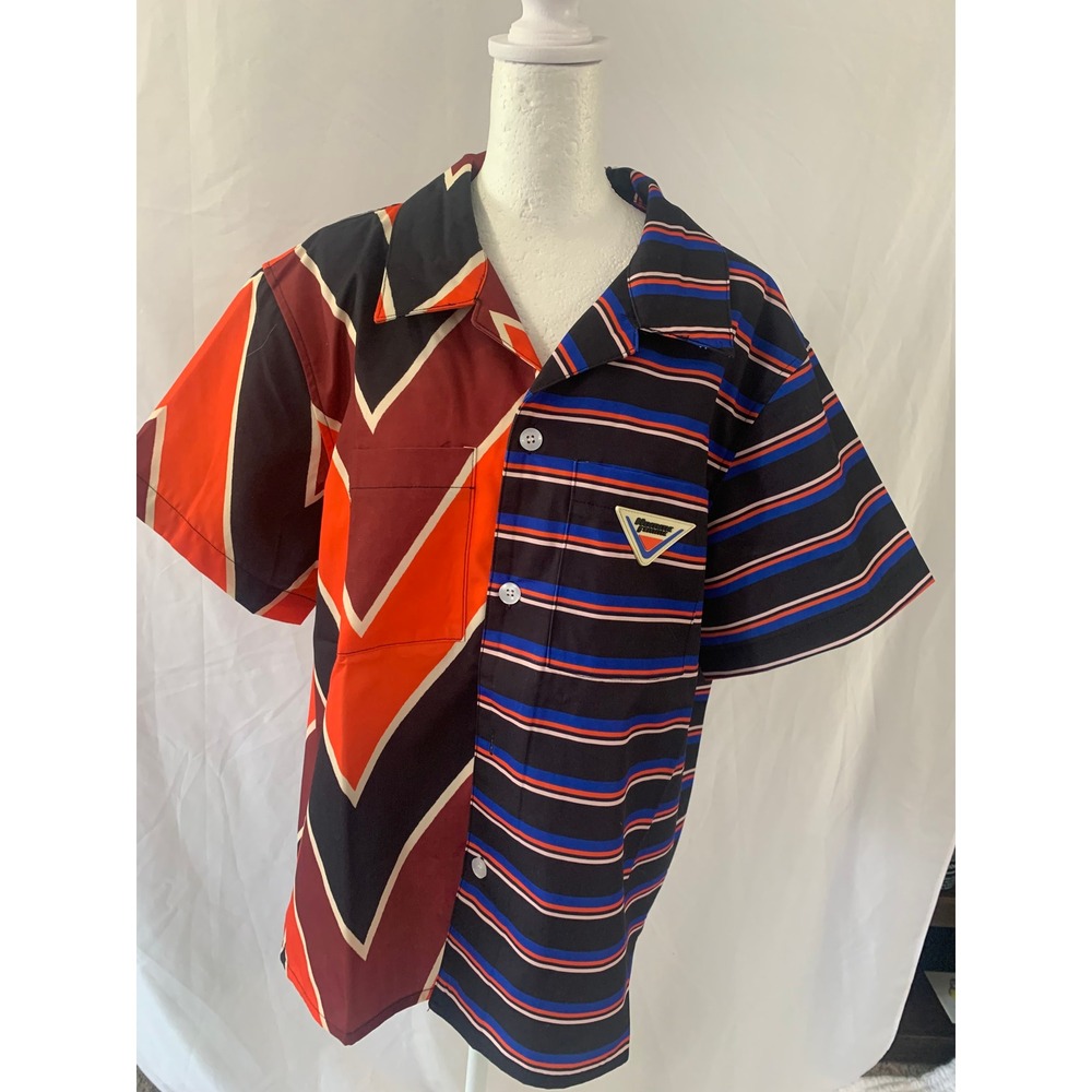 Homme + Femme Mens Split Chevron Striped Short Sleeve Button Up Shirt Medium NEW